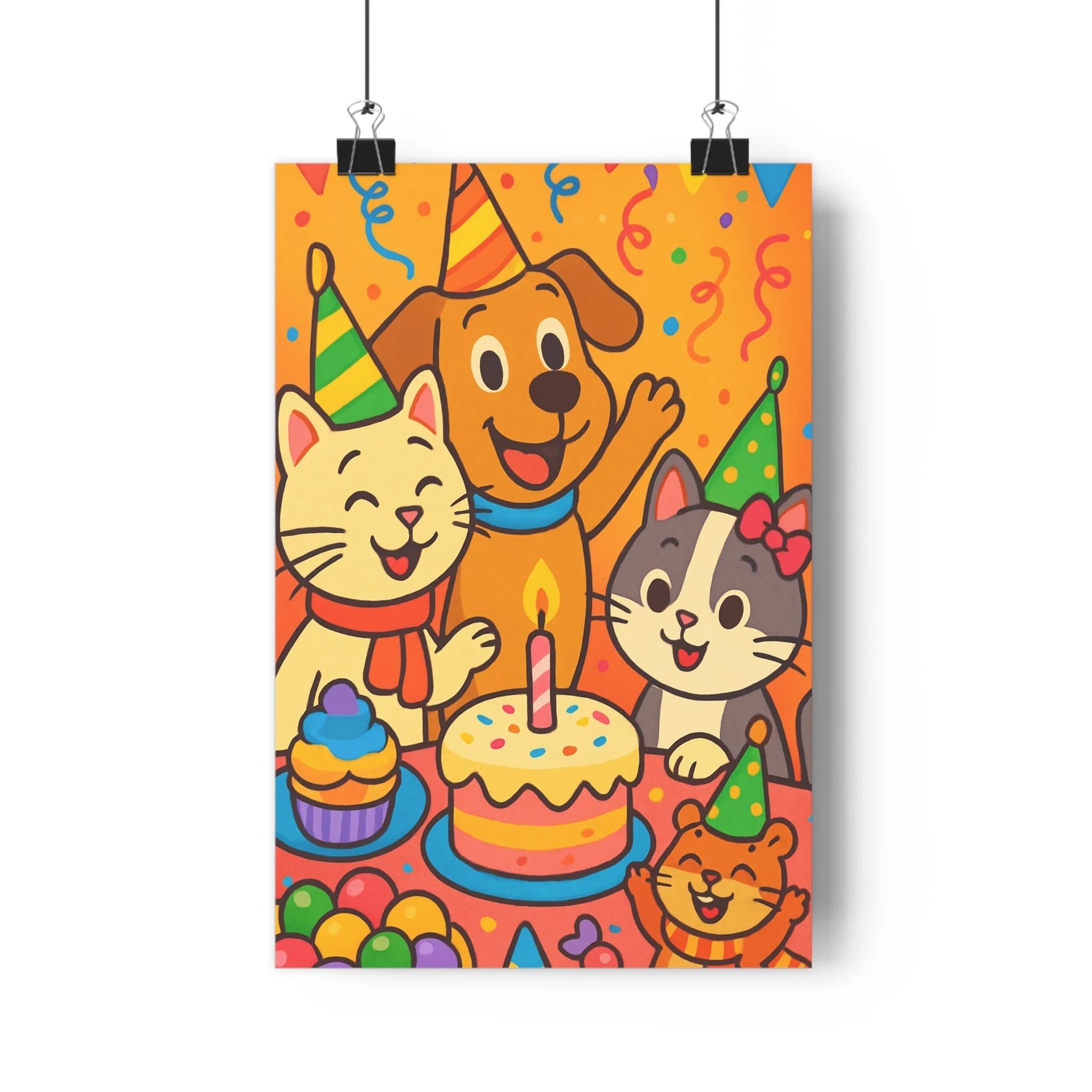 Poster décoratif joyeux cartoon enfant animaux chien chat hamster couleurs vives ambiance festive chambre