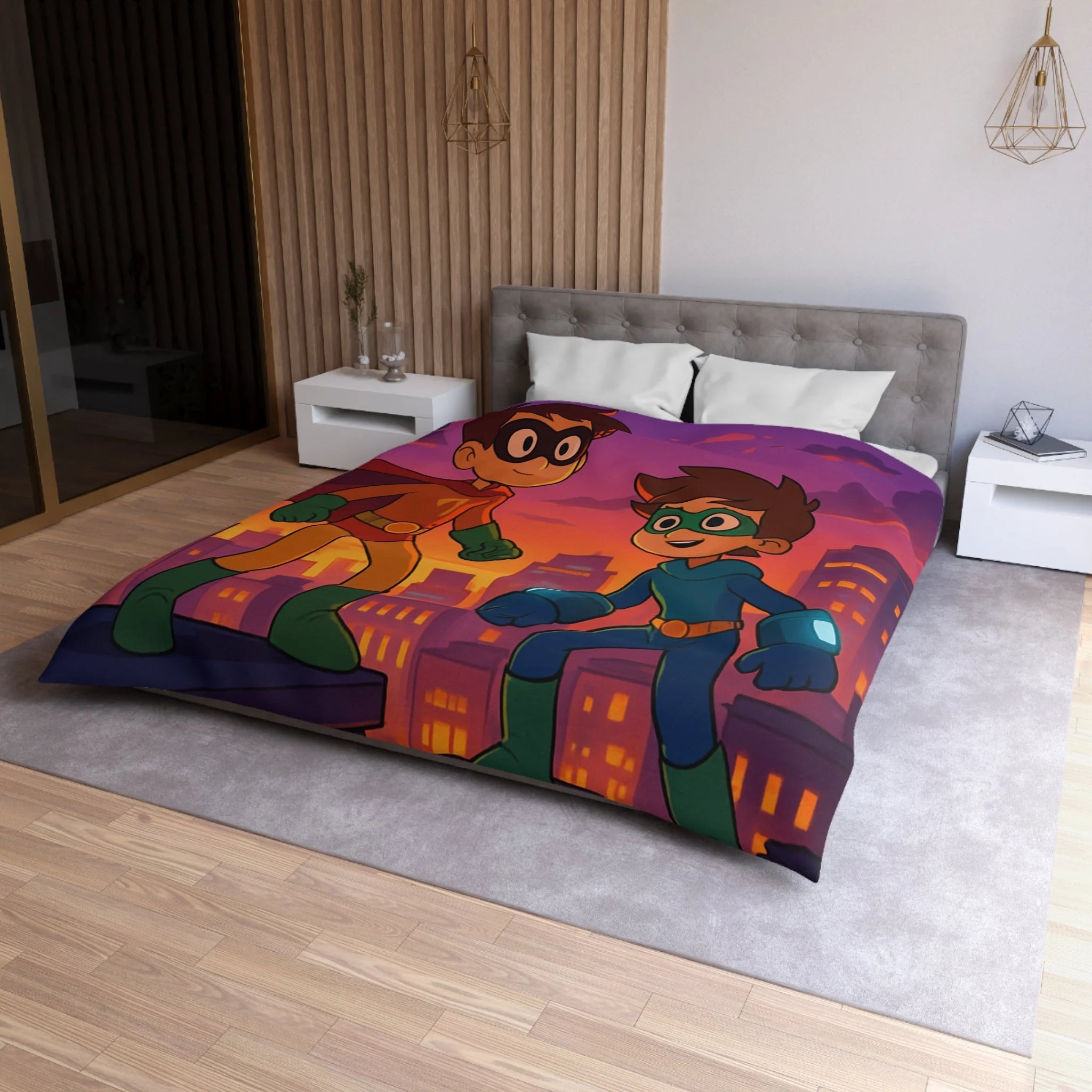 Housse de couette pour enfants avec deux jeunes super-héros au coucher du soleil