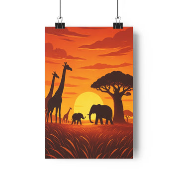 Poster crépuscule savane girafes éléphants zèbre baobab prairie couleurs chaudes ambiance paisible style cartoon linéaire chambre salon
