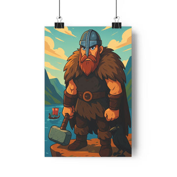 Poster guerrier viking marteau corne casque fourrure montagnes lac ciel bleu jaune cartoon épique force bravoure salon chambre
