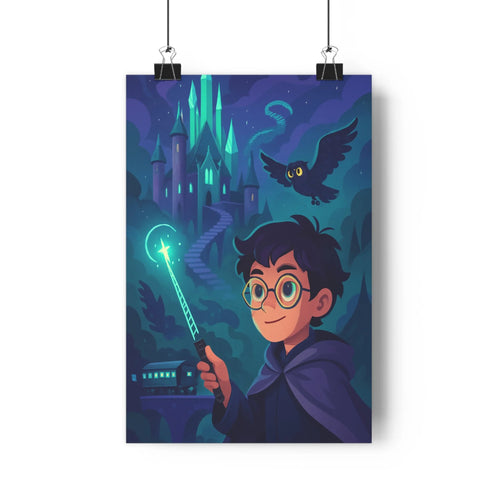Poster sorcier baguette lumineuse château tournée hibou nuit plantes verte lumière bleue ambiance fantastique chambre salon