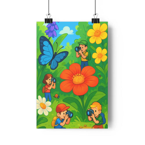 Poster enfants photographiant insectes jardin fleuri nature papillons couleurs vives style cartoon ambiance joyeuse chambre salon
