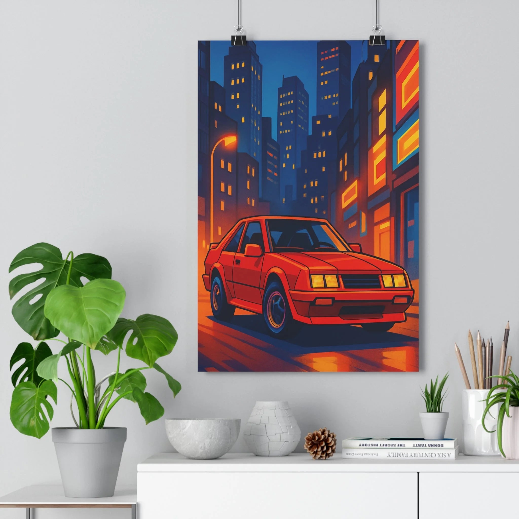 Poster décoratif néojaponais voiture rouge vibrant animé nocturne ville bureau salon 30x46 ambiance qualité