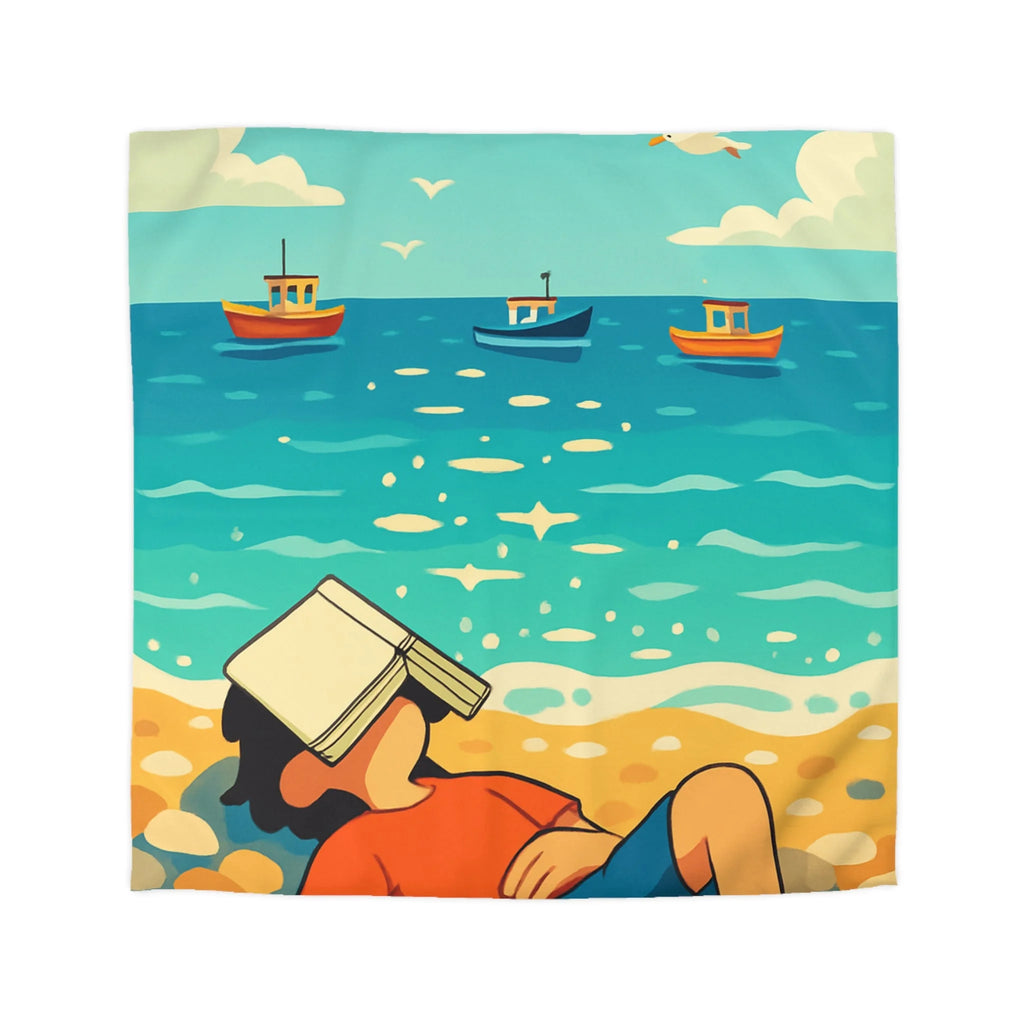 Housse de couette plage relaxante avec enfant, livre et mouettes en été ensoleillé