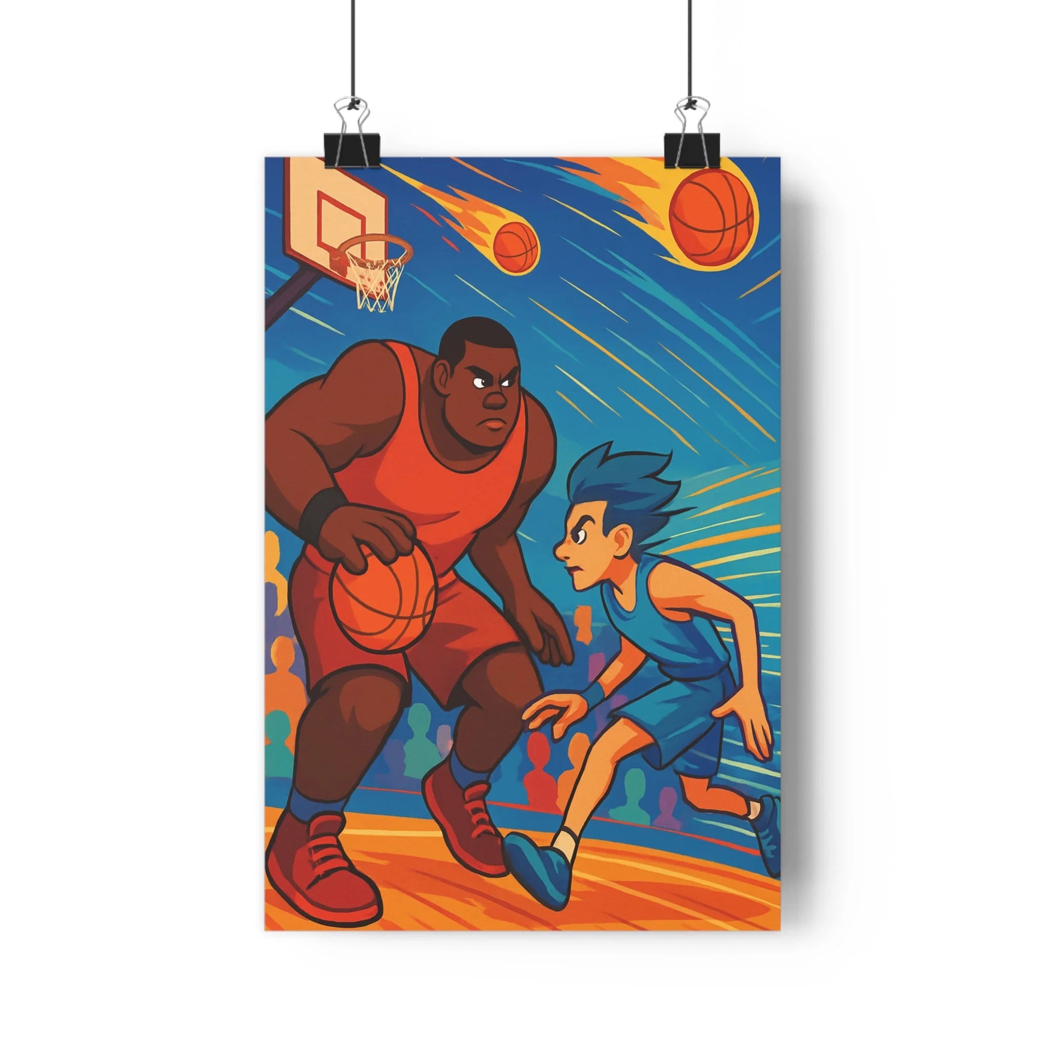 Poster décoratif rétro moderne basket orange bleu cartoon énergétique salon chambre vibrant unique tendance