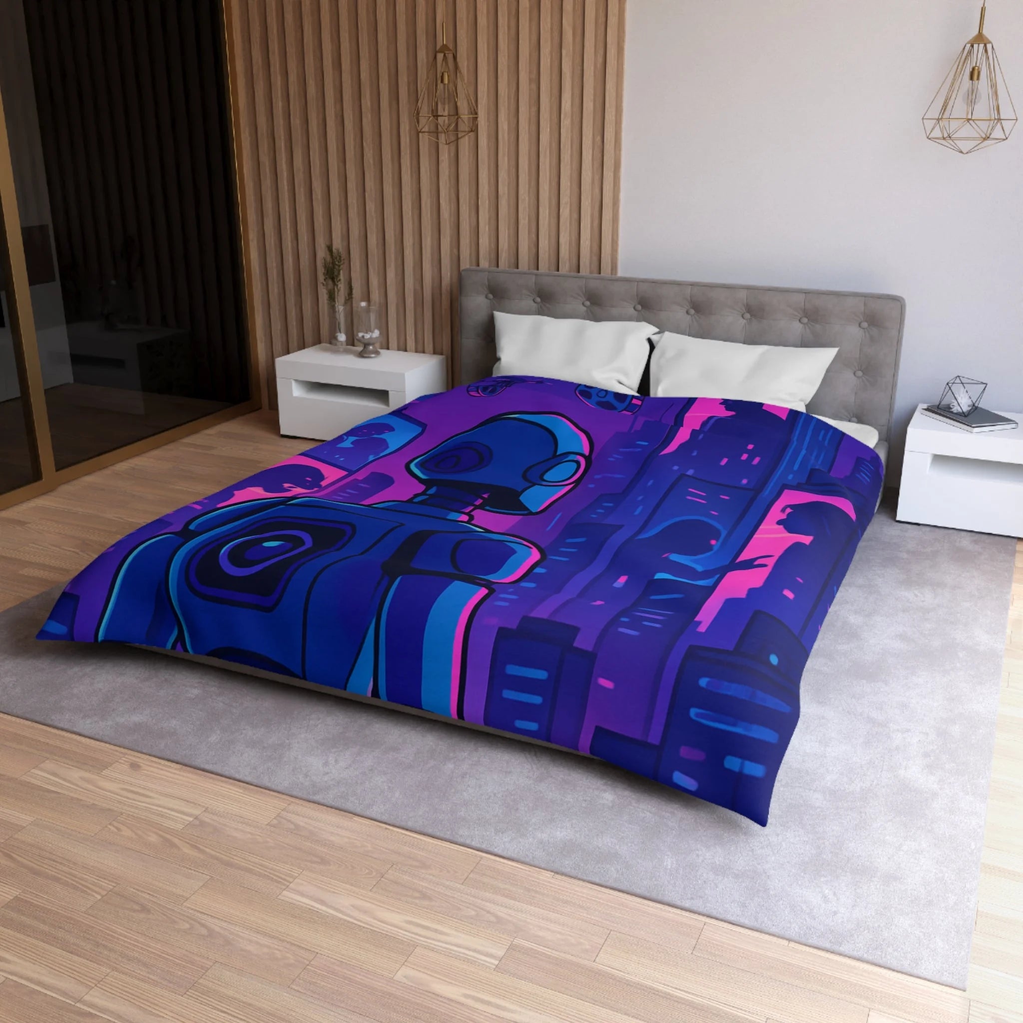 Séduisante housse de couette futuriste robot bleu néons drones anime horizon nuit