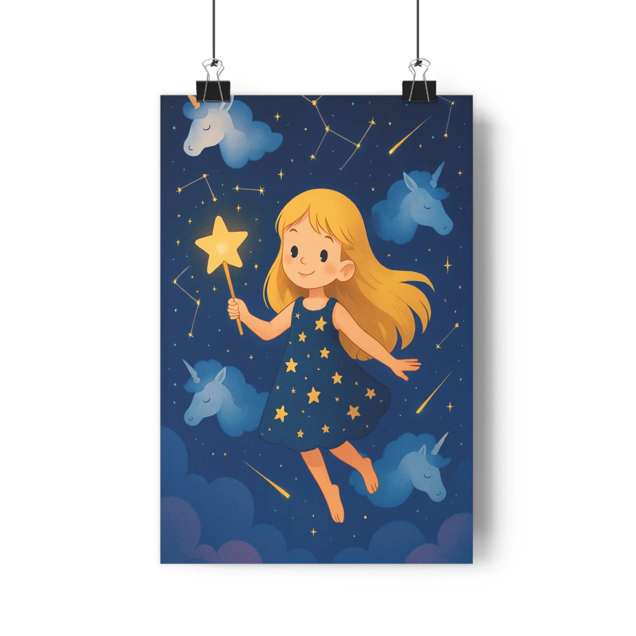 Poster décoratif magique étoilé bleu doré rêveur chambre enfant constellation céleste féerique lumineux tendance