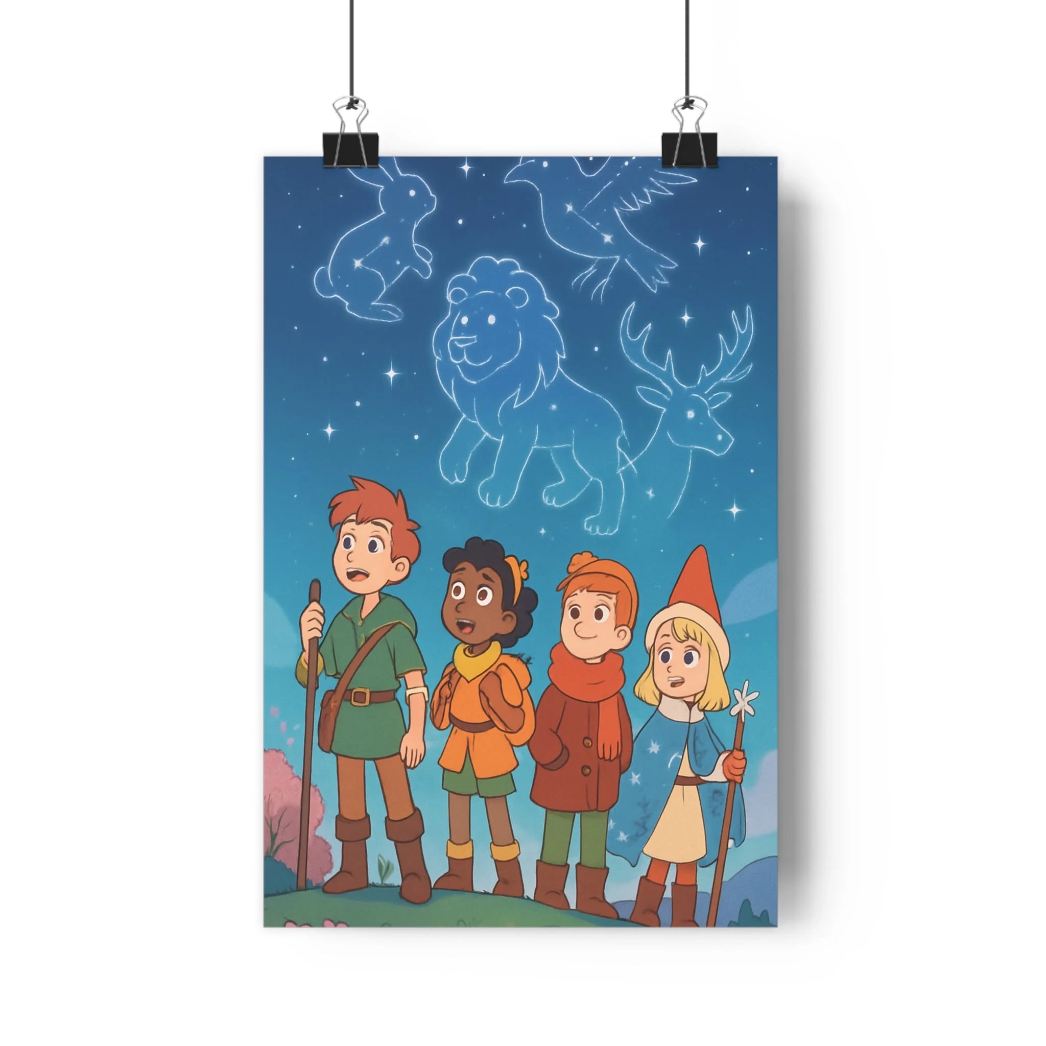 Poster décoratif fantastique dessin animé enfants ciel étoilé magique aventure animal constellations couleurs douces