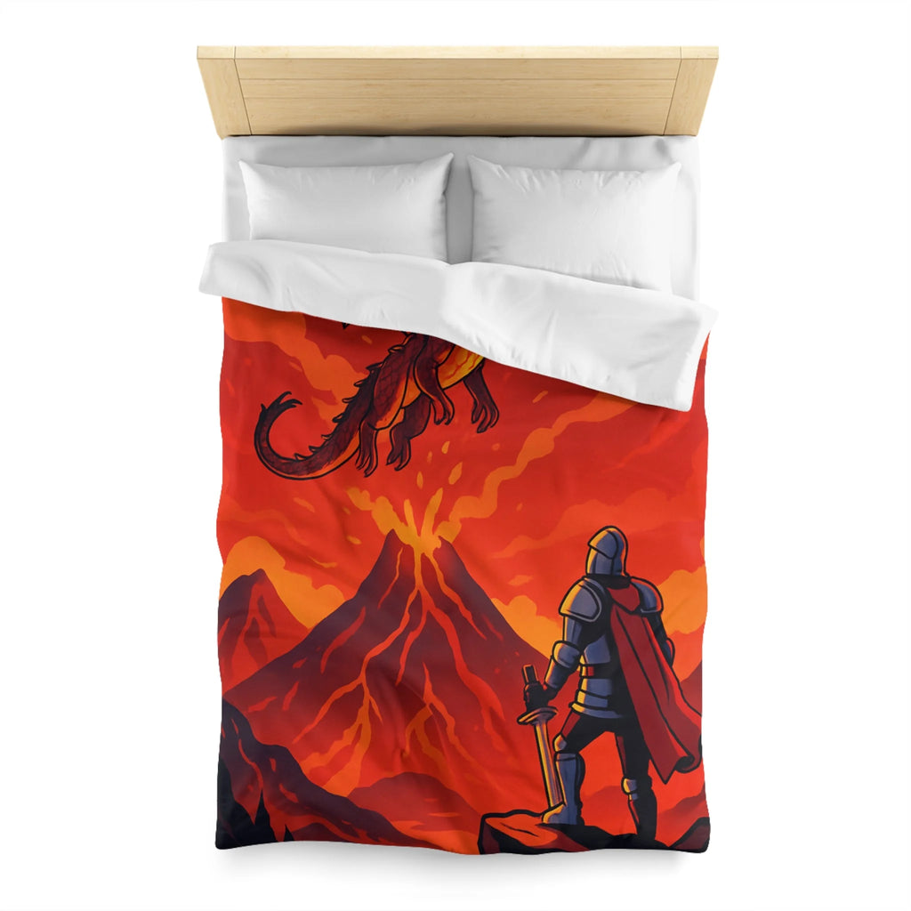 Imposant dragon rouge volant sur volcan en fusion, chevalier en armure contemplatif
