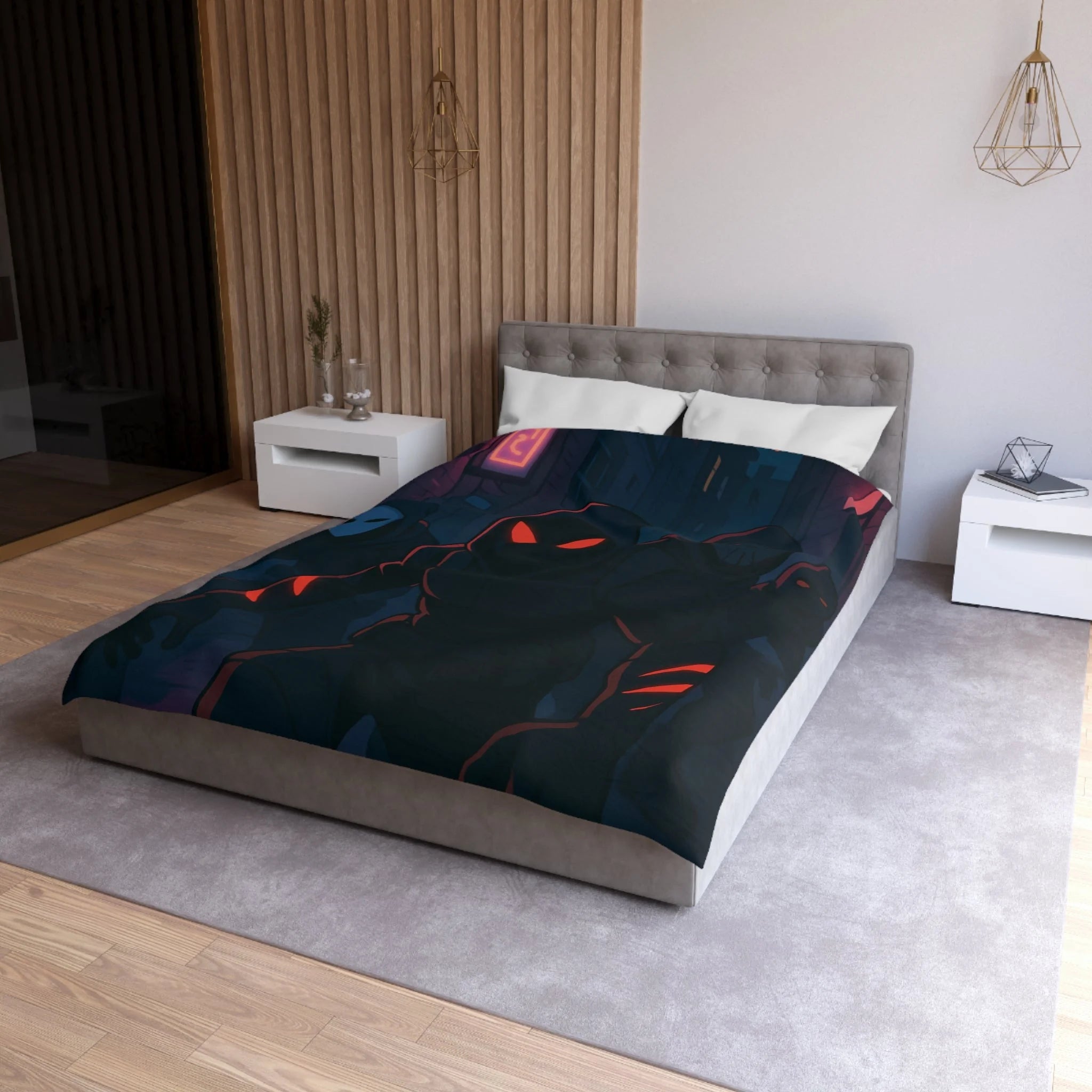Housse de couette urbaine avec silhouettes mystérieuses et ambiance sombre néon