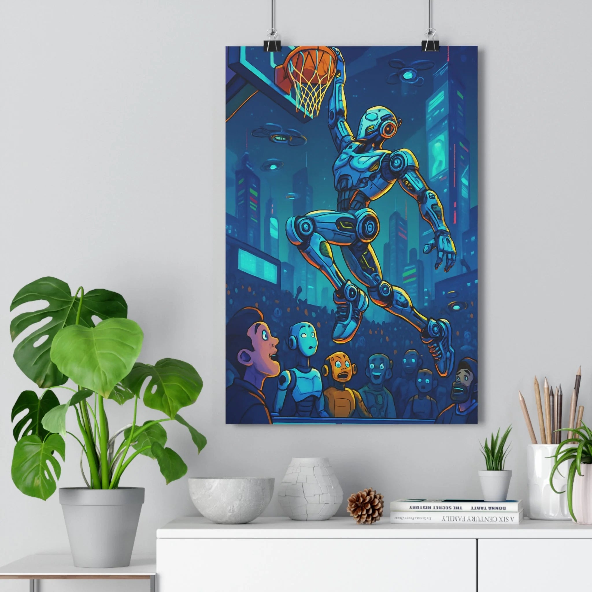 Poster décoratif basket futuriste robotique bleu orange néon chambre cartoon dynamique ambiance unique artistiquement