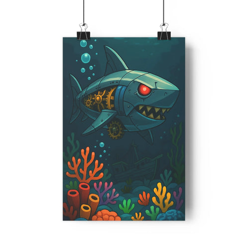 Poster décoratif steampunk marin requin mécanique corail coloré mystère salon bureau unique vibrant ambiance