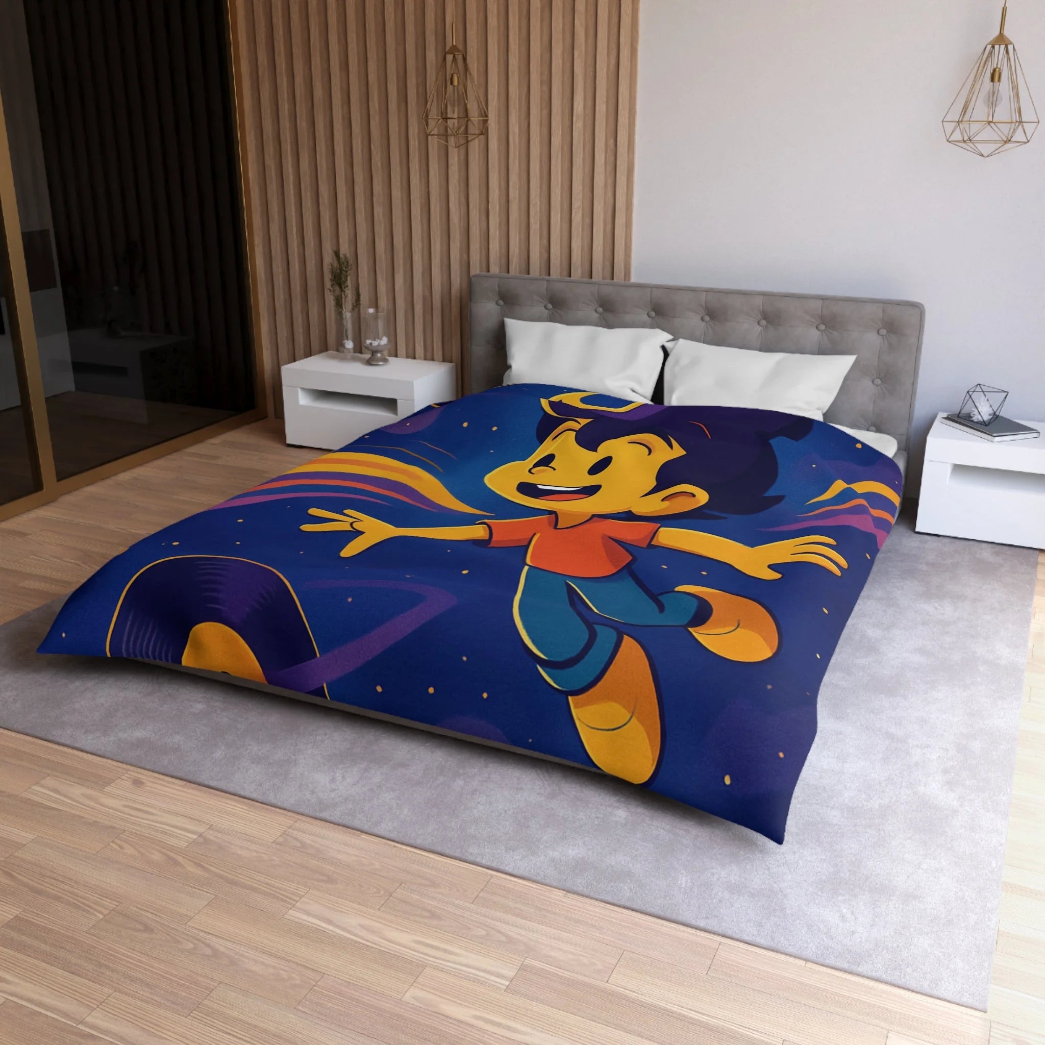 Housse de couette rêve lumineux enfant, aventure musicale, espace éclatant, design contemporain