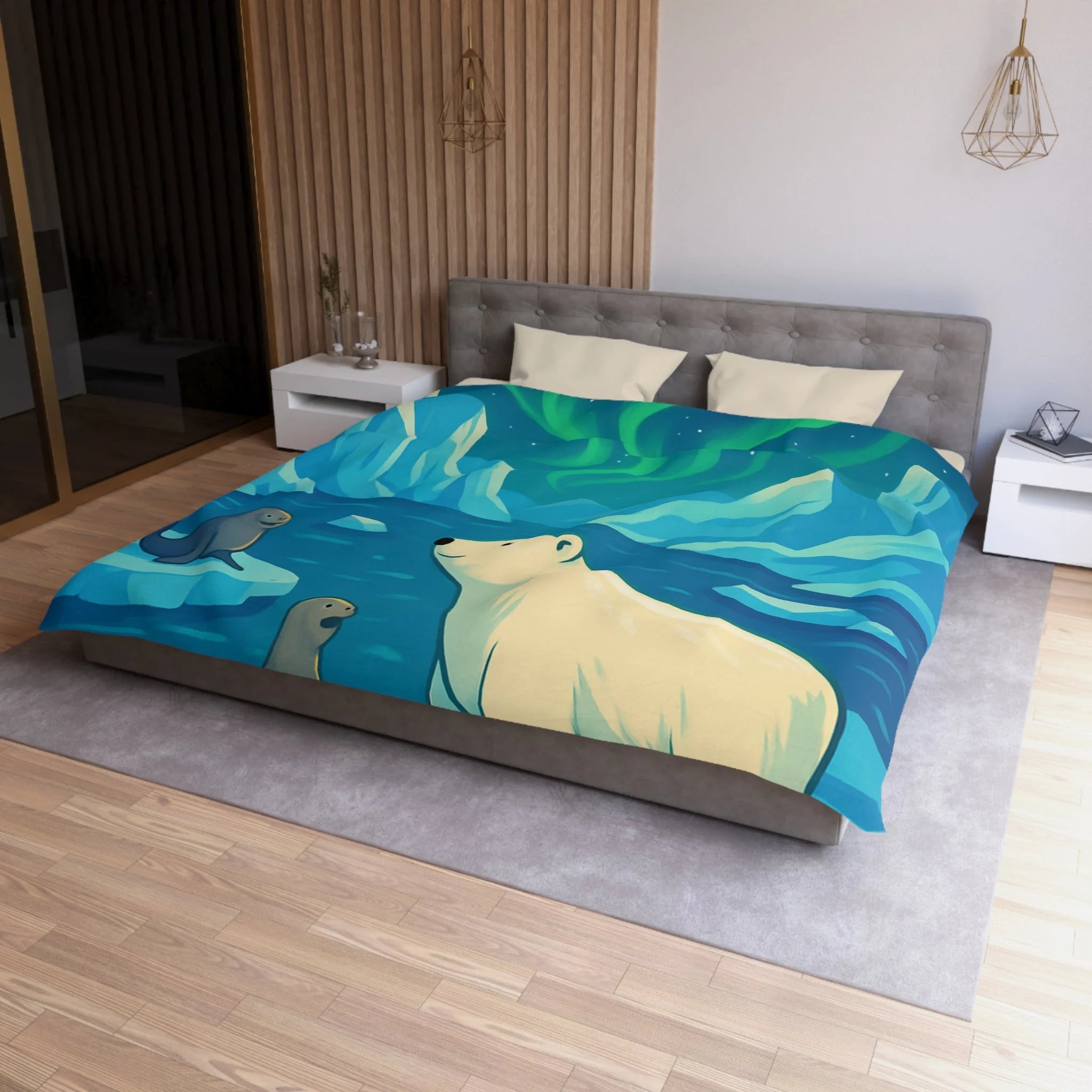 Housse de couette polaire avec ours et aurores boréales pour chambre enfant