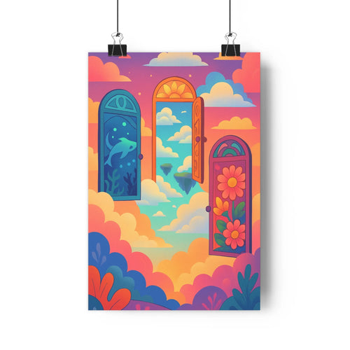 Poster coloré portes motifs dauphin fleurs ciel nuages roses oranges ambiance fantastique moderne détails chambre salon
