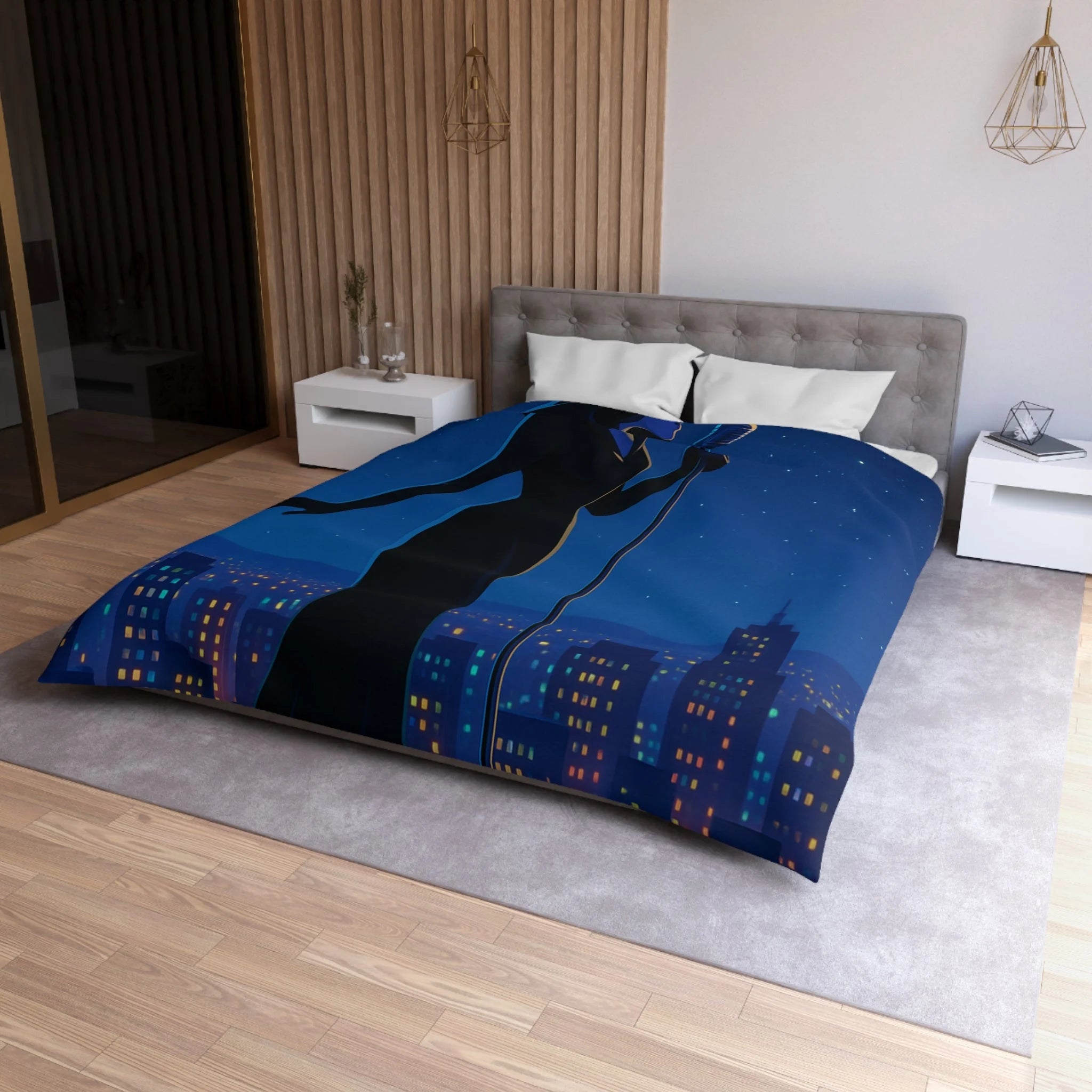 Housse de couette nocturne élégante avec silhouette mystérieuse et micro en arrière-plan urbain