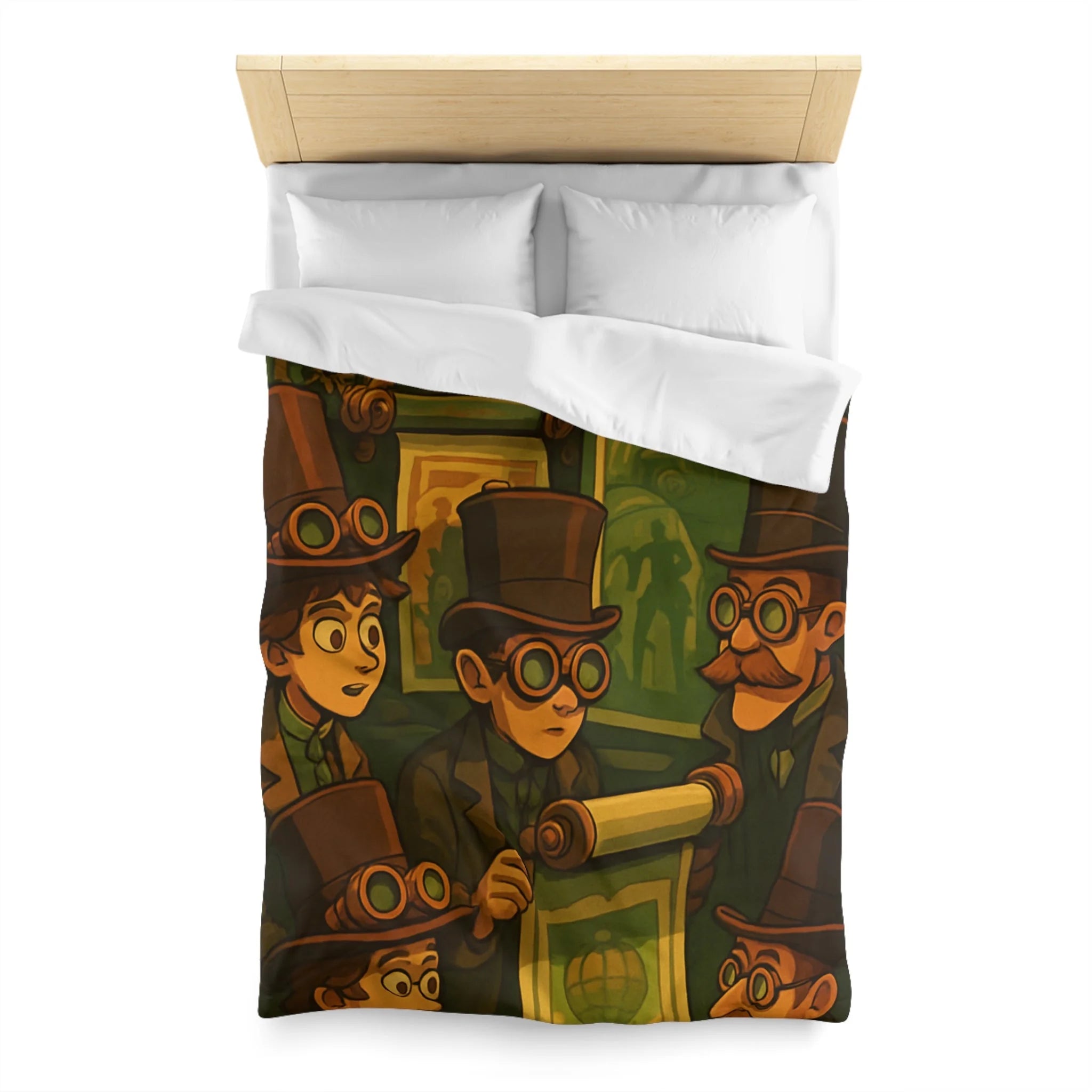 Housse de couette steampunk rétro vintage, illustration de gentlemen en chapeaux et engrenages