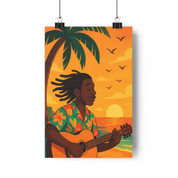 Poster guitare plage coucher soleil chemise fleurs palmier oiseaux mer calme couleur orangée verte bleue style pop ambiance paisible joyeuse