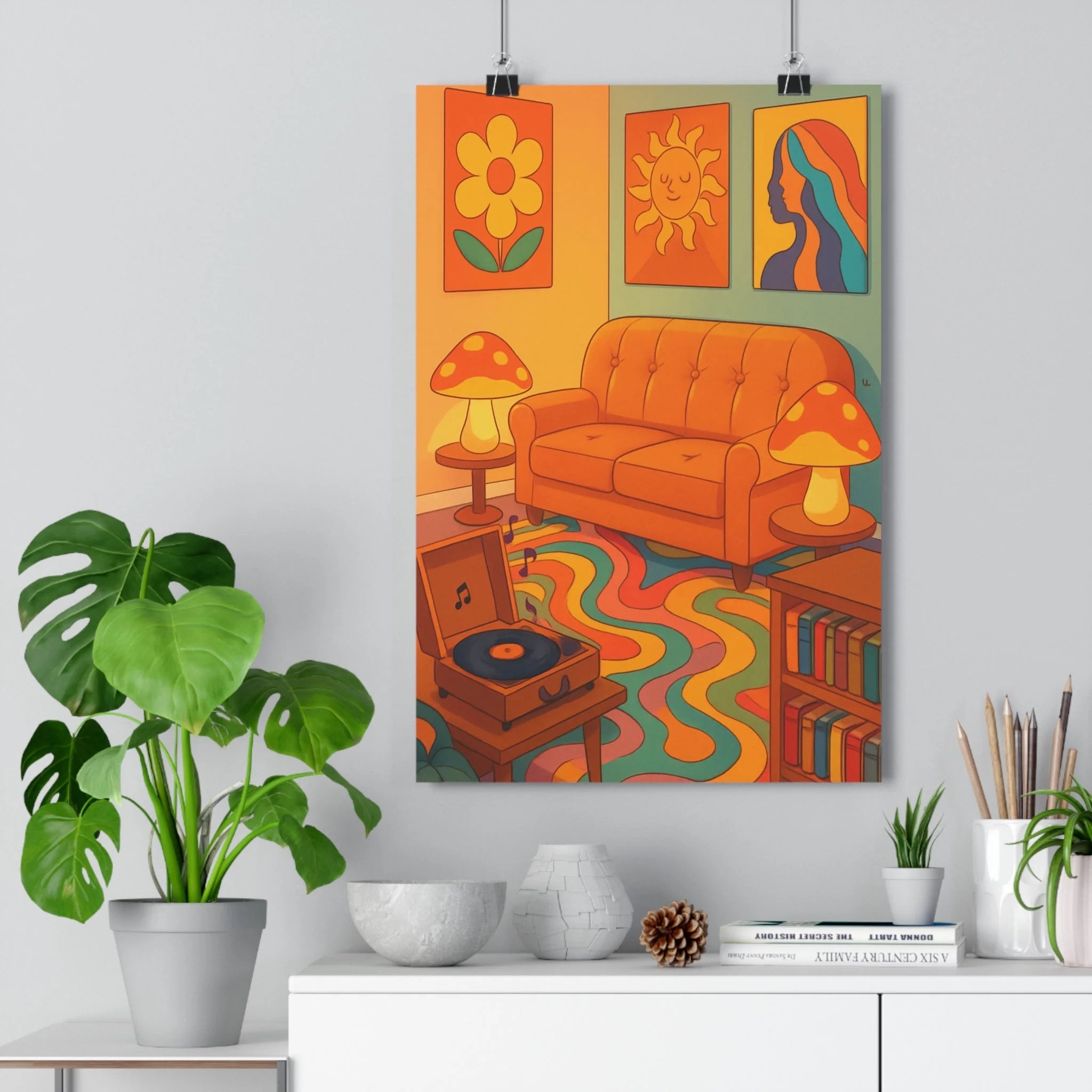 Poster décoratif vintage cartoon rétro orange salon joyeux coloré canapé lampe motif tableau fleur