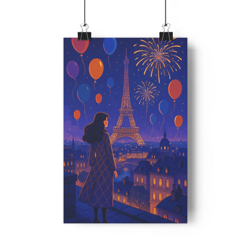 Poster paris nuit tour eiffel balcons feux dartifice ballons colorés ambiances festives romantiques intérieurs lumineux styles graphiques vifs couleurs chaudes
