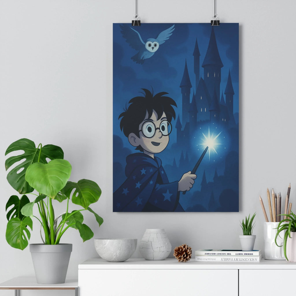 Poster décoratif enchanté sorcier bleu mystique cartoon magique enfant chambre chouette baguette nocturne château