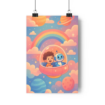Poster aventure enfant robot bulle planètes arc-en-ciel nuages étoiles bleu rose jaune cartoon doux enchanté chambre salon mural