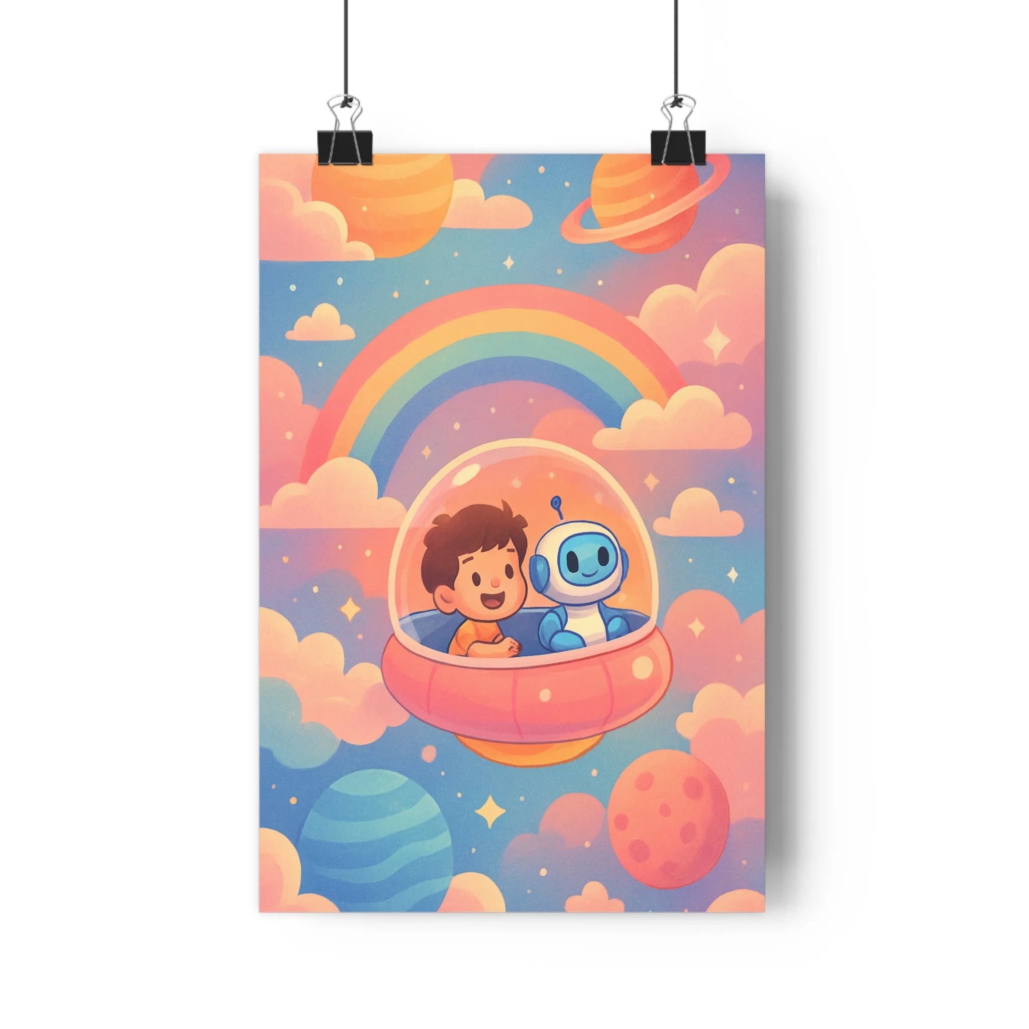 Poster décoratif aventure onirique pastel enfant robot planète coloré cartoon voyage rêveur chambre mural