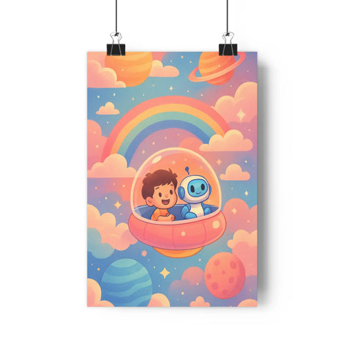 Poster aventure enfant robot bulle planètes arc-en-ciel nuages étoiles bleu rose jaune cartoon doux enchanté chambre salon mural