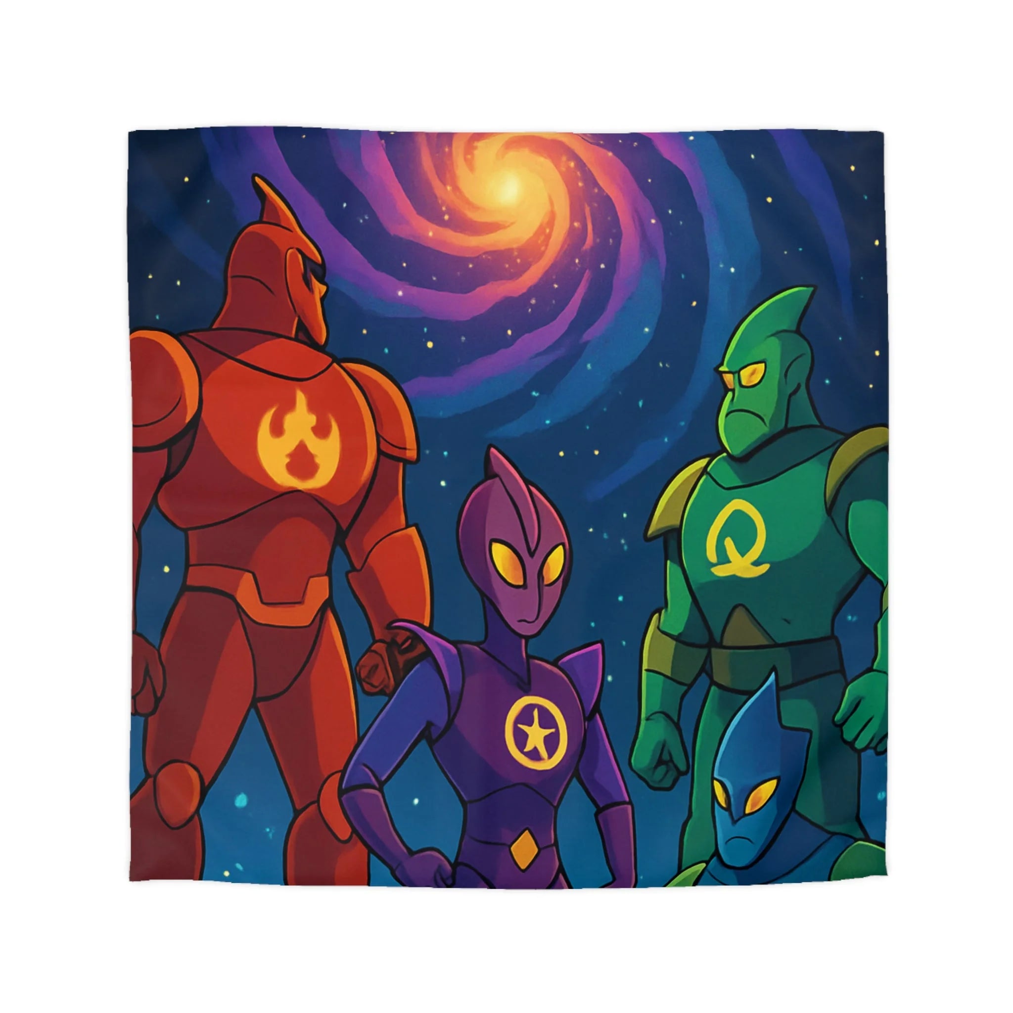 Quatre super-héros colorés avec une galaxie lumineuse, scène de science-fiction