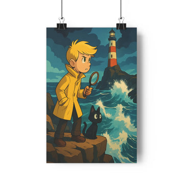 Poster enfant détective falaise mer agitée chat noir phare nuit ombres douces style cartoon couleurs vives exploration ambiance mystérieuse chambre