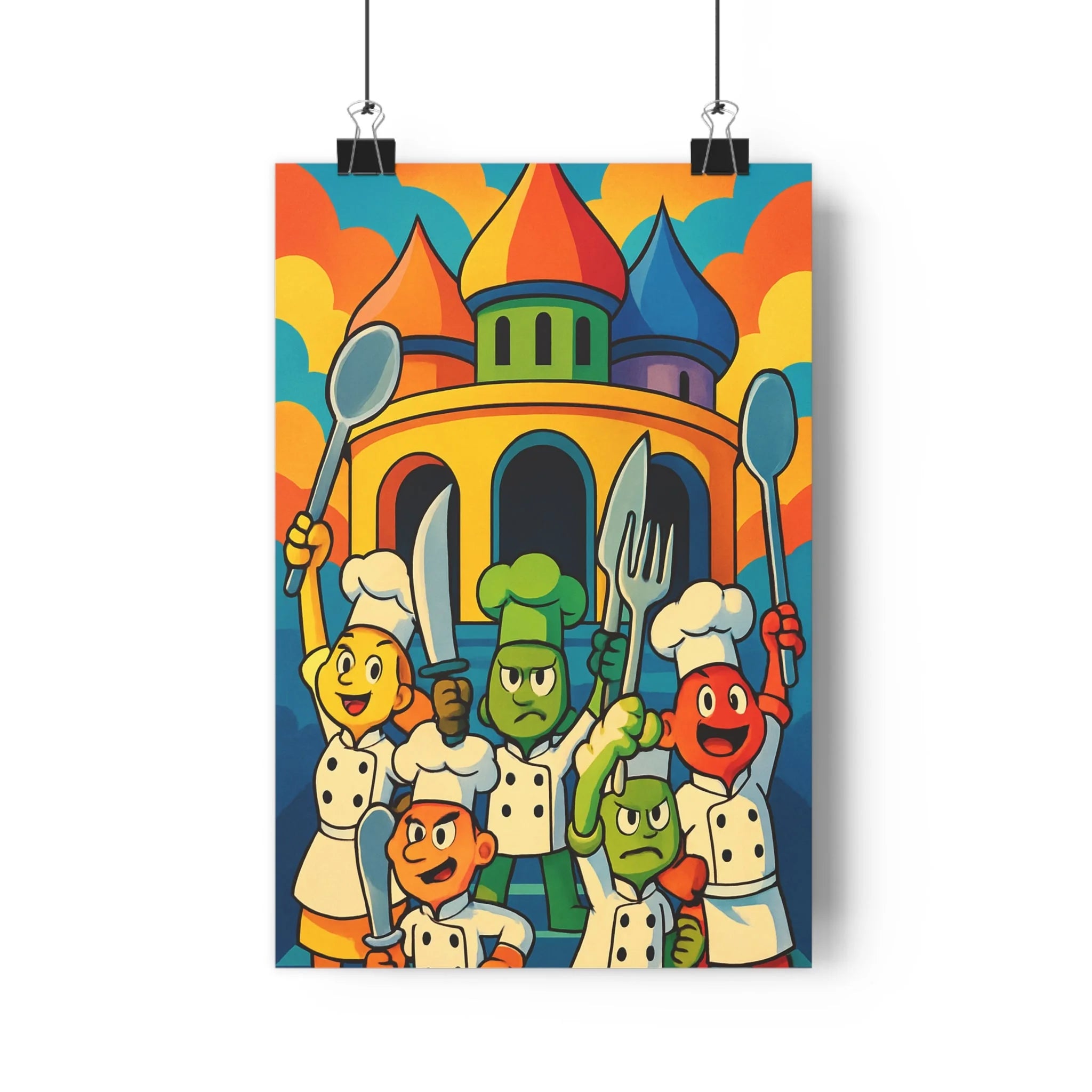 Poster décoratif cartoon coloré jaune rouge bleu cuisine joyeux dynamique chefs cuisine créatif unique