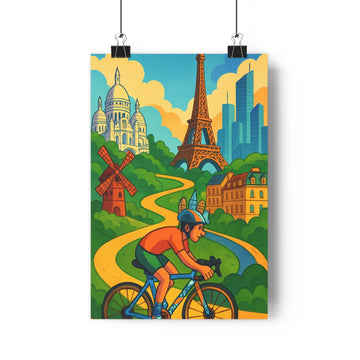 Poster décoratif cyclisme rétro cartoon bleu vert paris salon chambre joyeux moderne dynamique vibrant