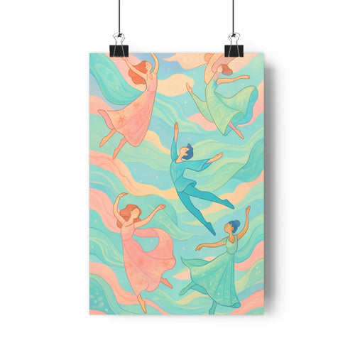 Poster danseurs flottants ciel coloré robes longues rose bleu vert nuages pastels légers mouvement fantastique chambre salon