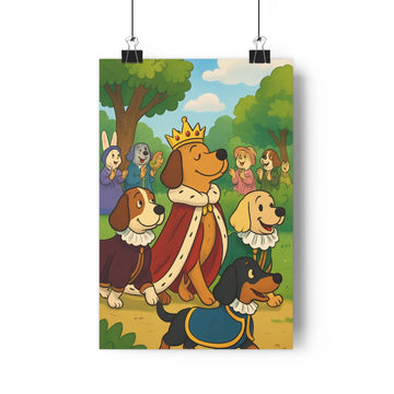 Poster chien costumé couronne robe rouge décoration forêt arbres nuages bleus contours nets couleurs vives ambiance festive salon chambre mur