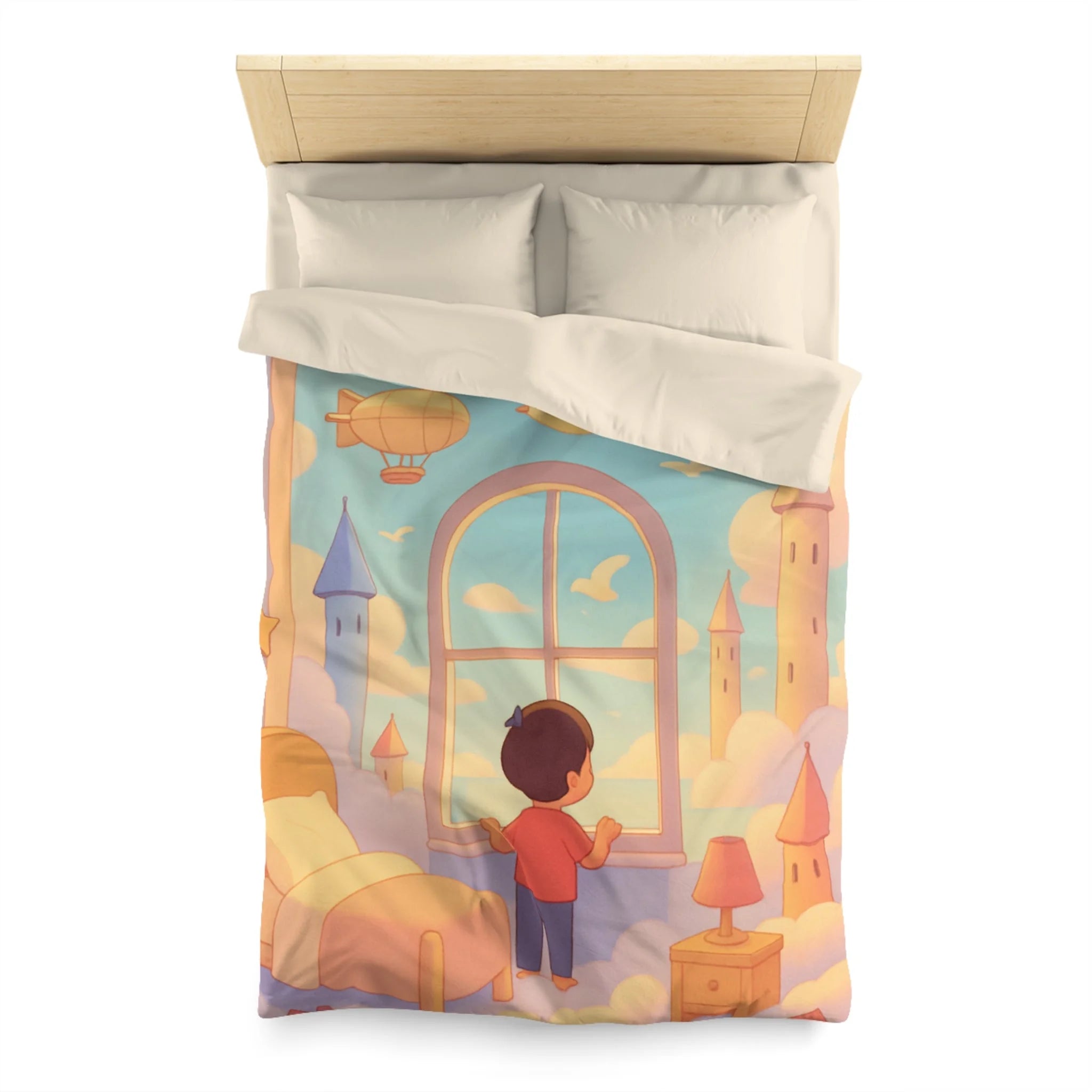 Housse de couette rêveuse enfantine avec nuages, dirigeables et oiseaux volants paisibles