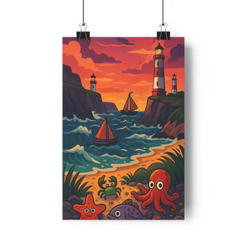 Poster maritime aventure crabes octopus plage océan coucher soleil vagues bateaux voiles falaises rochers ambience joyeuse style cartoon couleurs vives