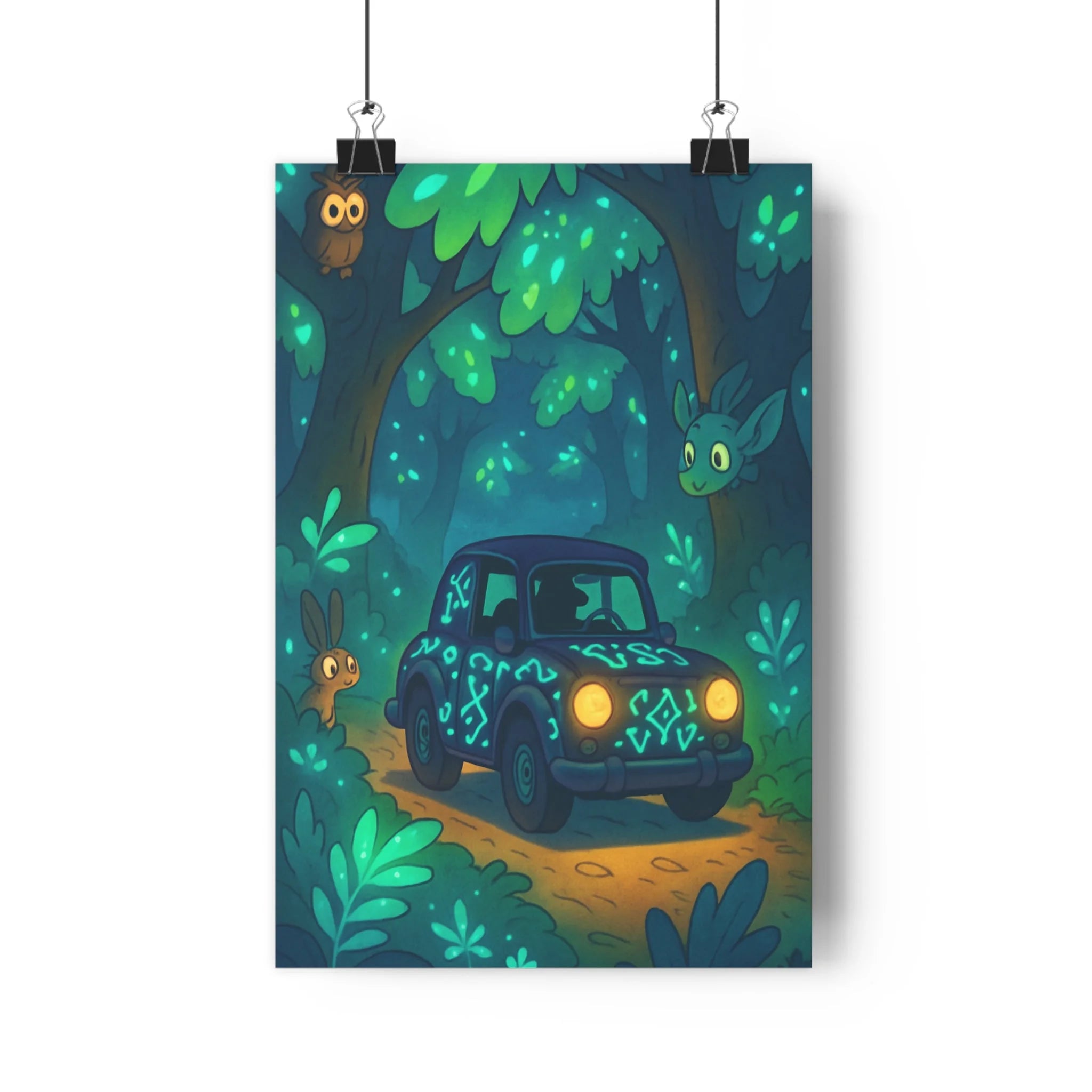 Poster décoratif mystique forêt enchantée voiture lumineuse animaux hibou lapin vert bleu chambre 30x46