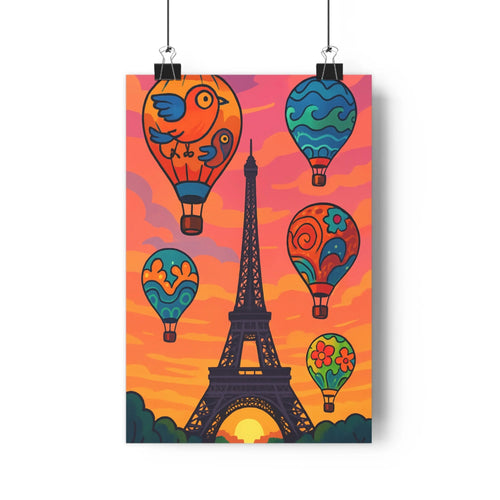 Poster tour eiffel montgolfières nuages roses motifs floraux géométriques plantes verte décoration moderne ambiance joyeuse festive salon chambre bureau