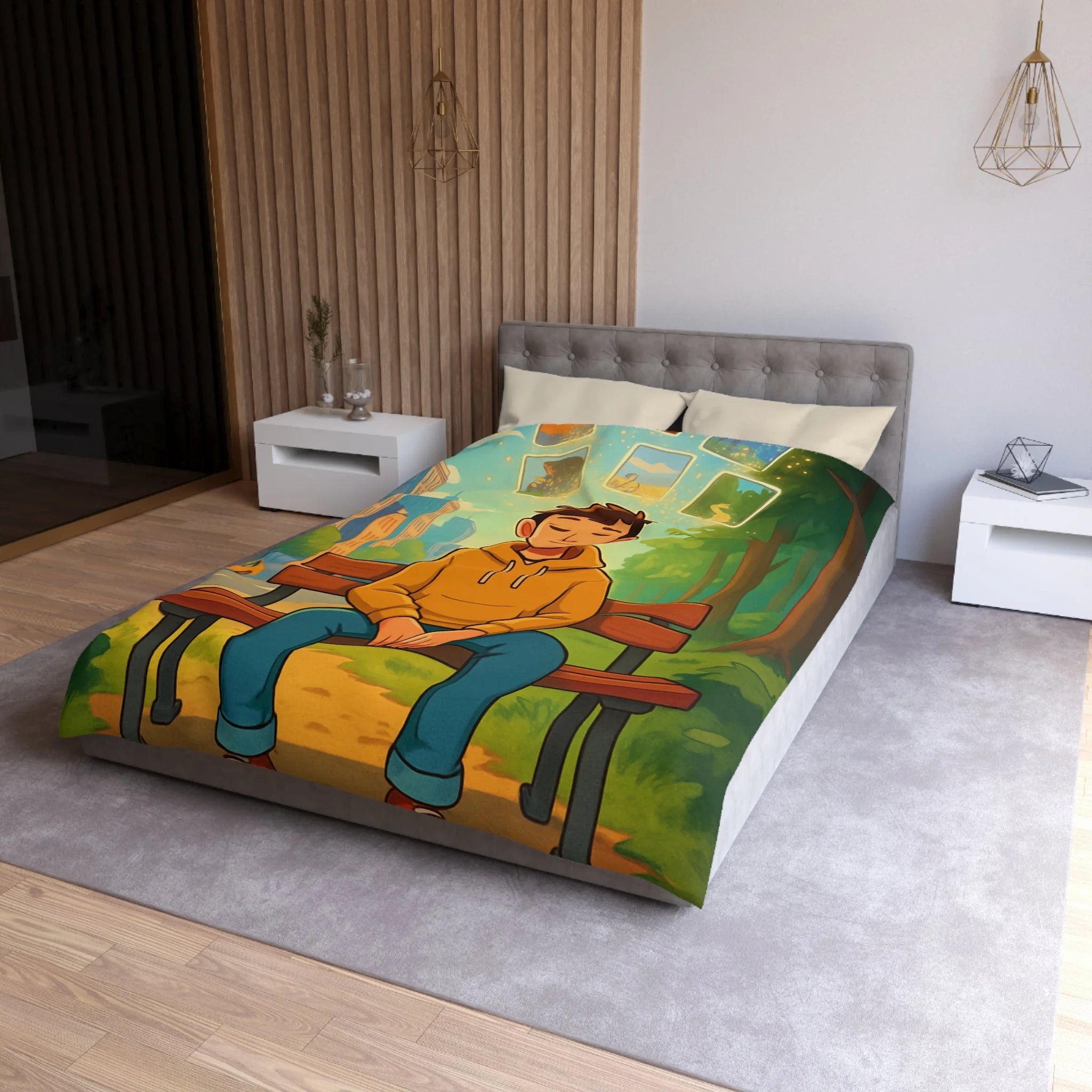 Housse de couette rêveuse garçon banco bois cartes illuminées parc illustré nature