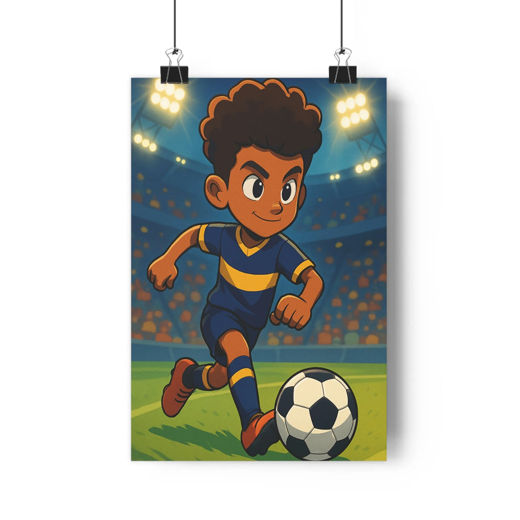 Poster décoratif moderne cartoon bleu jaune enfant footballeur dynamique énergie chambre vibrant action illuminé