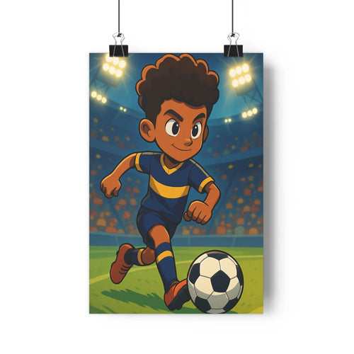 Poster footballeur dynamique bleu jaune rouge stade spectateurs énergie cartoon vibrant joyeux chambre salon