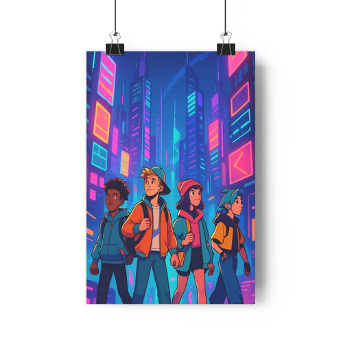 Poster futuriste jeunes gens ville néon bleu rose jaune tours lumineuses ambiance dynamique moderne cartoon ombres douces chambre salon