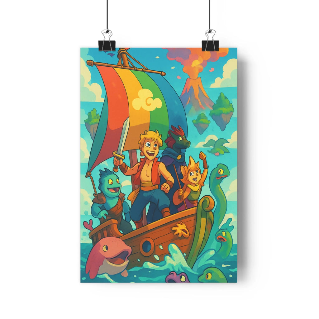 Poster aventure marine personnages fantastiques bateau floral vagues bleues nuages jaunes volcans en éruption couleurs vives style cartoon expressions joyeuses