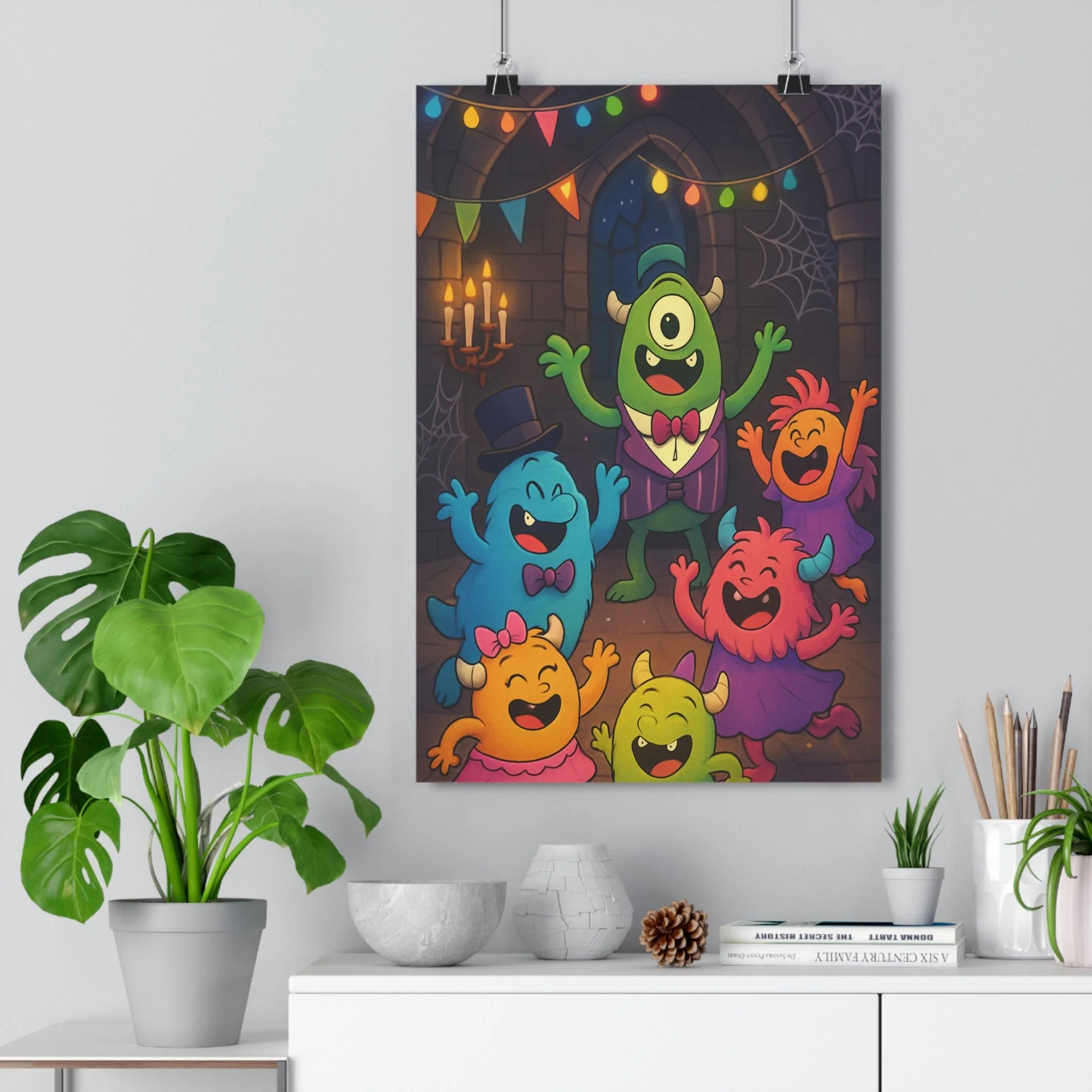 Poster décoratif cartoon joyeux monstres enfants chambre vert bleu orange rose lumineux festif qualité
