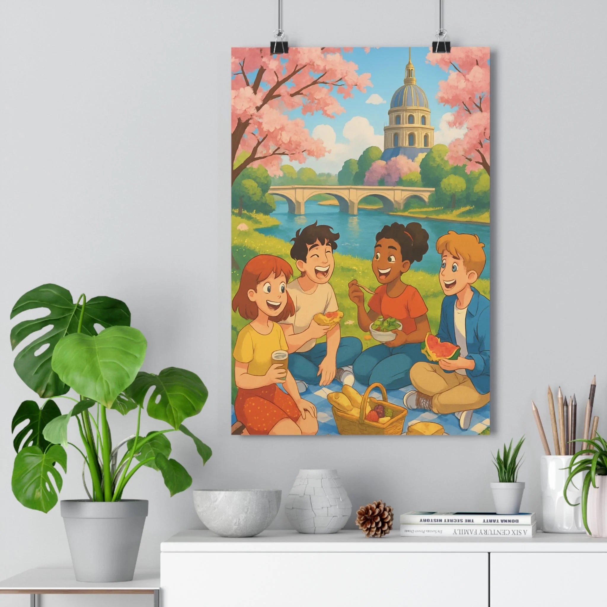 Poster décoratif cartoon bleu joyeux piquenique parisien salon chambre vibrant paysage contemporain tendance qualité