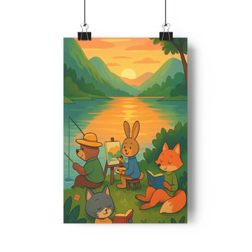 Poster paysage nature animaux coucher soleil lecture détente arbres fleurs végétation couleurs pastel ambiance apaisante salon chambre bureau
