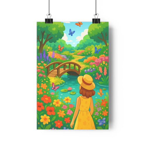 Poster jardin fleuri pont ruisseau papillons ciel bleu personnage féminin robe jaune végétation colorée ambiance joyeuse style cartoon vibrant