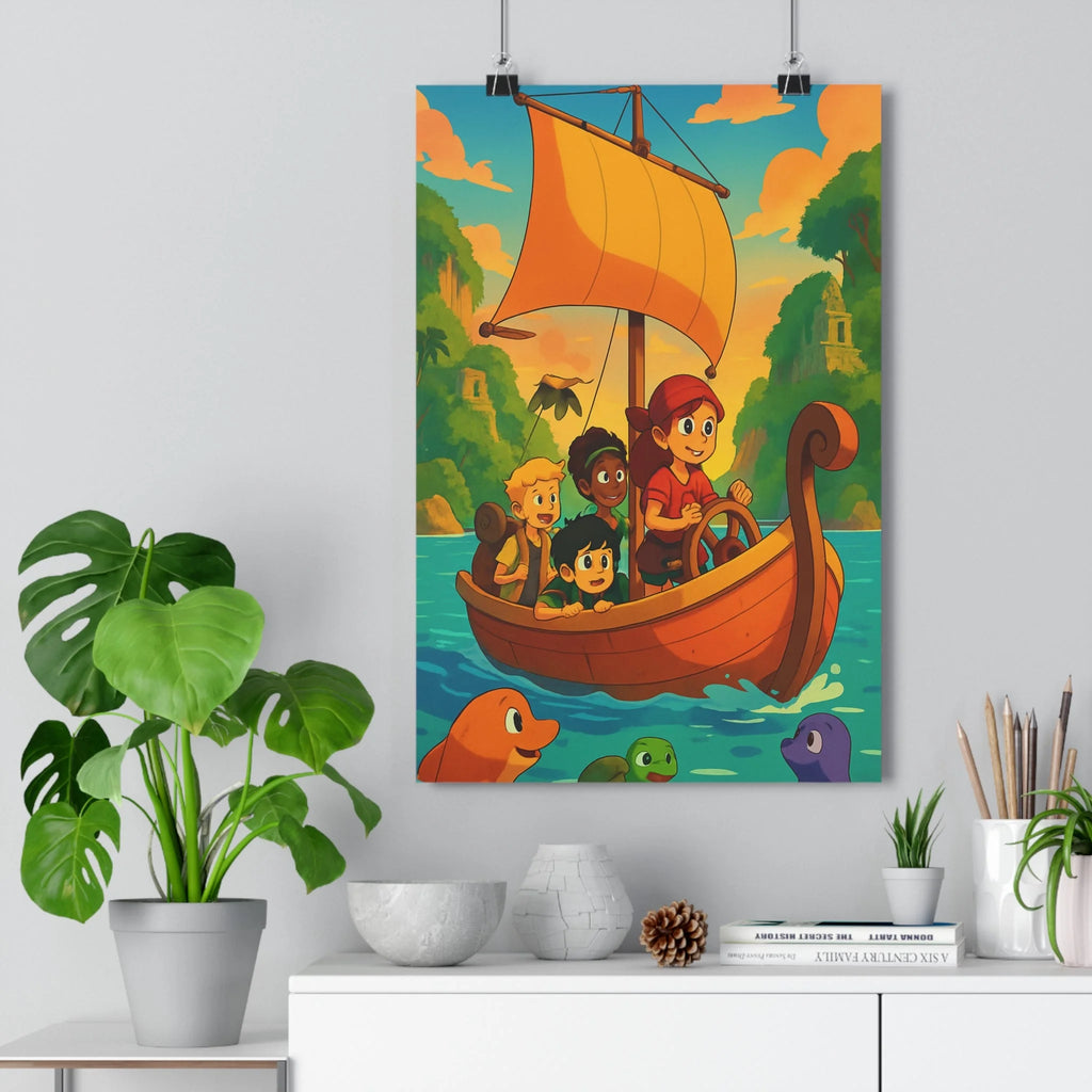 Poster décoratif aventure maritime enfants turquoise style cartoon chambre joyeux créatures fantaisie îles voilier