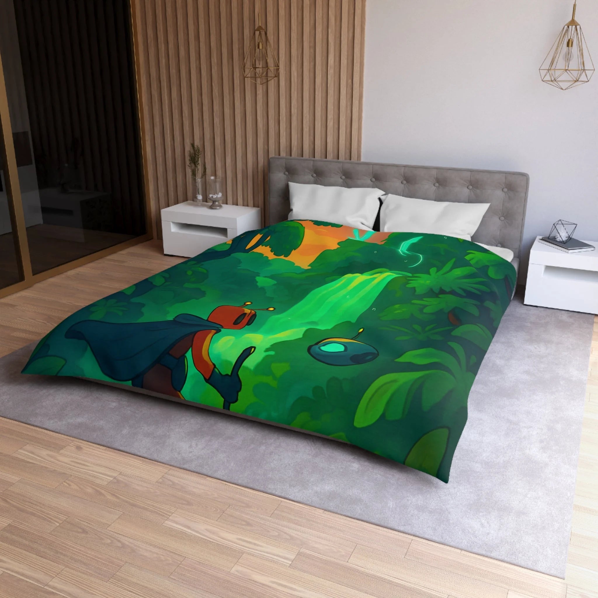Housse de couette vibrante avec paysage extraterrestre mystérieux et personnage aventurier