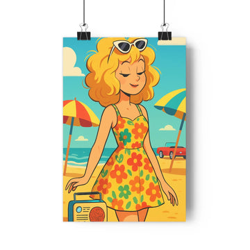 Poster rétro joyeuse plage femme radio soleil parasols voiture étagère livres plante verte pastel contours nets couleurs vives ambiance estivale